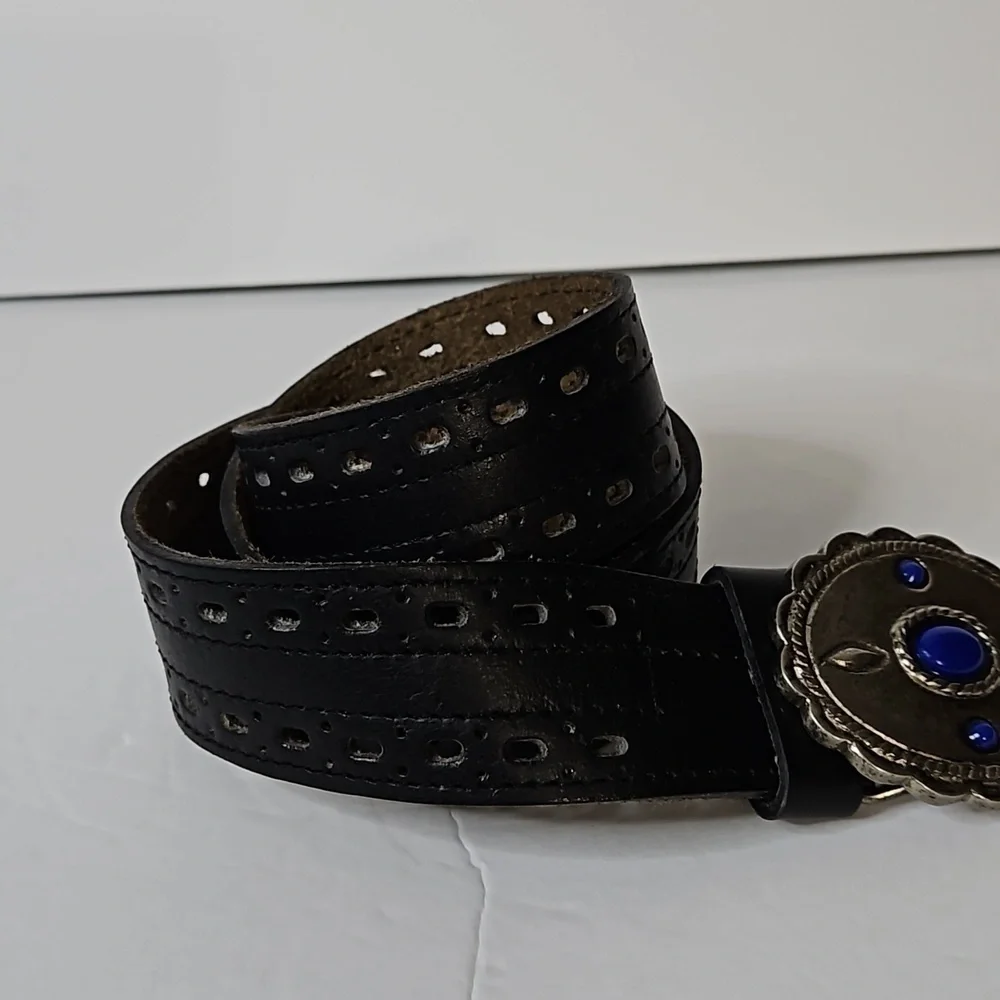 Leather Belt with Silvertone Buckle Black Pre-owned